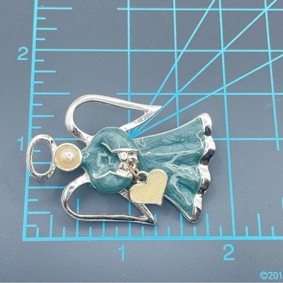 Angle Brooch Silver Tone Blue Swirl Enamel Heart Charm Faux Pearl Halo Wings - Picture 10 of 10